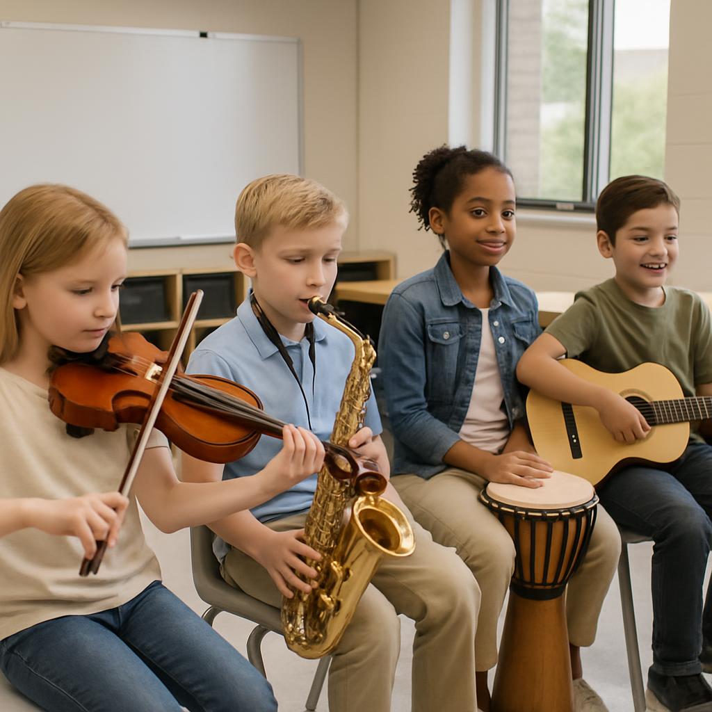 group of children performing with various instruments in a classroom.