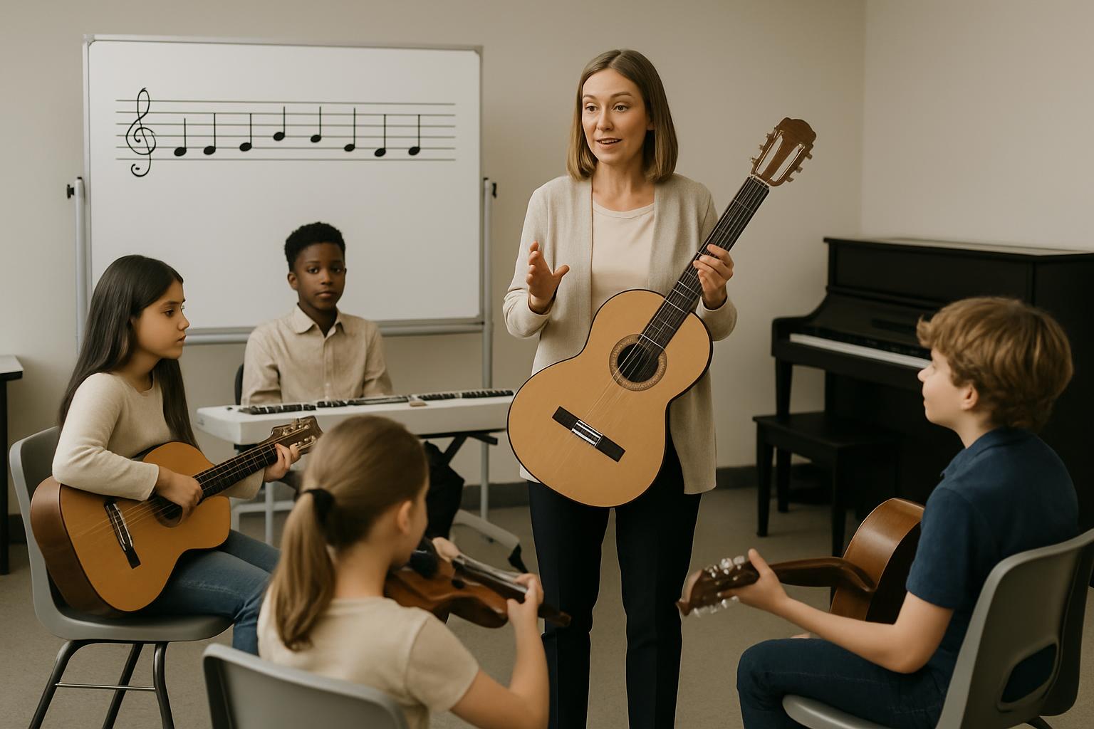 Teacher with students playing guitars and violins in music classroom.